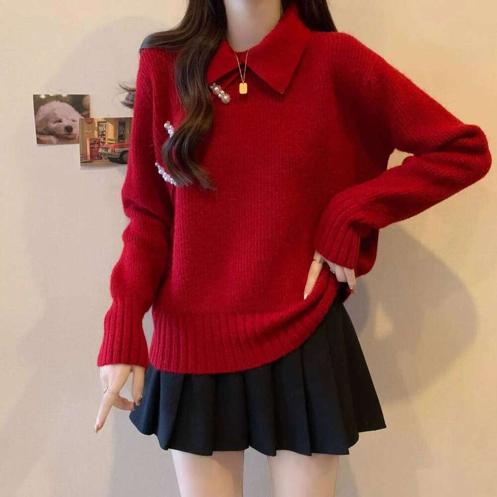 Autumn Winter Red Sweater Women Year Christmas Unique Top New Chinese Style Warm Festive Turn-Down Collar Trend Fashion