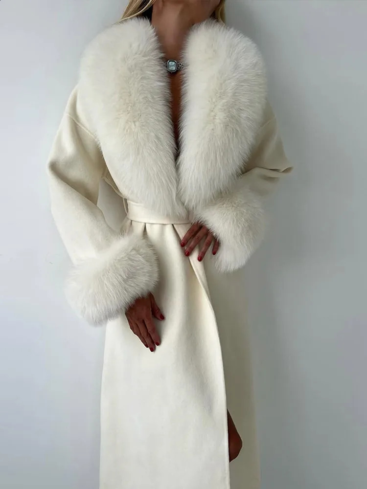 Retro Black Fur Patchwork Woolen Coat Women Chic Full Sleeve Vneck Lace Up Loose Long Overcoat Lady Winter Commute Outwear 251020