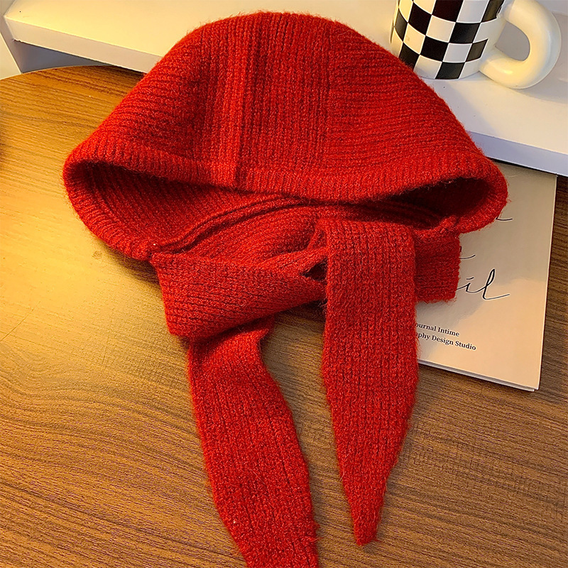 Large Head Circumference Raffia Scarf for Women, Autumn and Winter New Knitted Hooded Integrated Warm Ear Protection Wool Hat