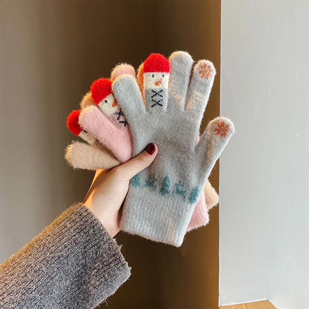 Christmas Snowman Touchscreen Gloves Cute Korean Version Student Crystal Yarn with Velvet Full Finger Warmth Ins Girls Heart 251021