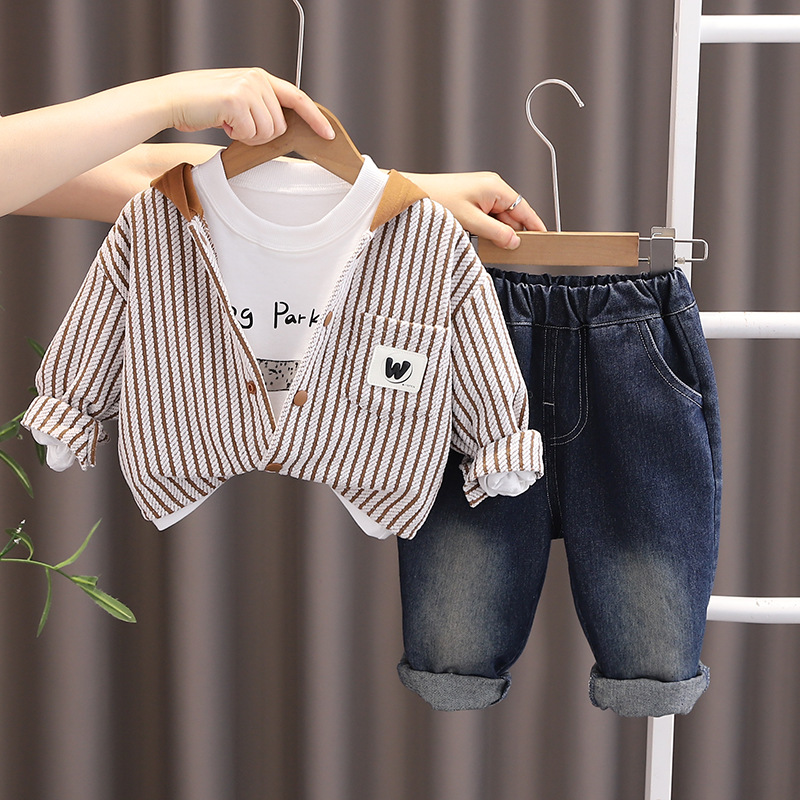 Toddler Boys 3-Piece Set, Striped Hooded Cardigan and Jeans for Spring & Autumn