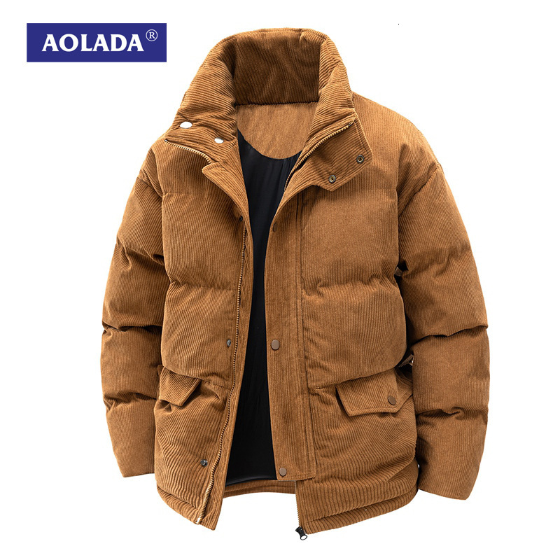 AOLADA Stand Collar Cotton Jacket for Men, Autumn and Winter Windproof, Fleece Lined, Thickened, Couple Style, Vintage Corduroy Hooded Cotton Coat