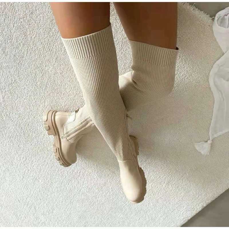 Women Thick Sole Boots 2024 Autumn Winter Breathable Knitting Sock Ladies Thigh High Boots Stretch Round Toe Shoes Plus Size 43 W251024