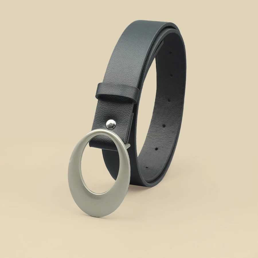 Black Casual Womens Belt Oval Hollow Matte Buckle Retro Pu Leather Fashionable Belt Dress Jeans Shirt Accessories W251024