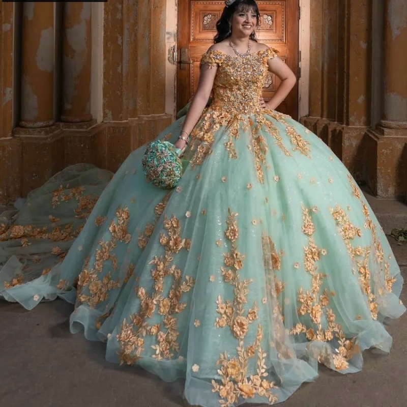 Mint Green Beading Crystal Quinceanera Dresses Ball Gown Gold 3D Floral Lace Bow Sweet 15 Anos Mexican