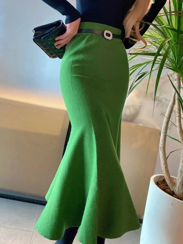 Womens Skirts Autumn Winter Fashion Knitted Long for Women Green Vintage Slim Office Lady ALINE Fishtail Skirt 251017