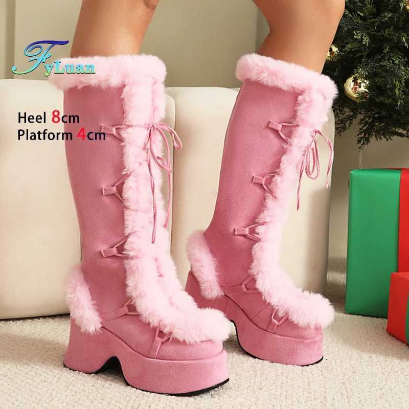 8CM Chunk Heels Winter Warm Knee High Boots Women Snow Short Plush Platform Boots Faux Fur Cosplay Laceup Long Shoes Size 3443 W251024