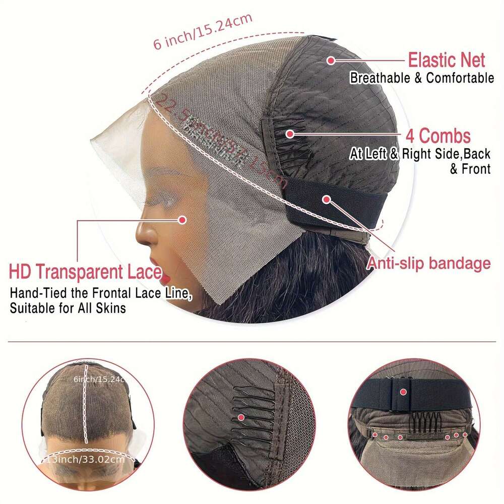 13x6 Wave Front HD Full Lace Frontal Wigs Pre Plucked Bleached Knots 250% Density Deep Curly Human Hair Wig Natural Color 8-36 Inch