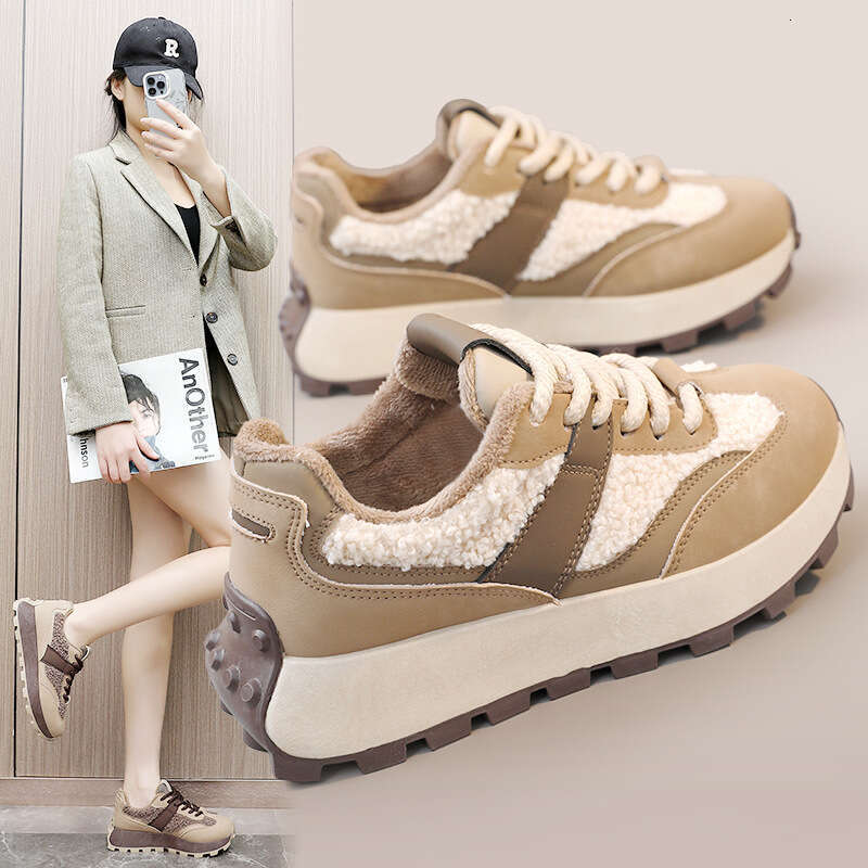 New Women's Winter Lamb Wool Thick Sole Height Increasing Warm Cotton Shoes Color Block Casual designer sneakers