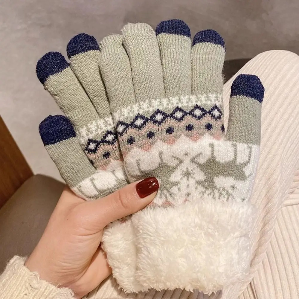 Simple Deer Christmas Knitted Gloves Wool Plush Full Finger Gloves Windproof Keep Warm Winter Mitten 251021