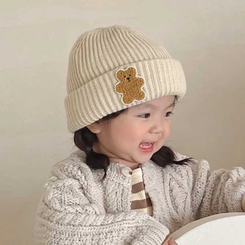 Cute Baar Children Beanie Winter Warm Kids Knit Hat Cartoon Baby Pullover Cap 26year Boy Girl Solid Color Woolen Crochet BonnetL251024