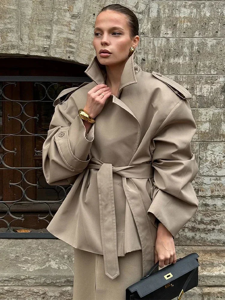 Solid Laepl Lace Up Trench Coat Women Fashion Full Sleeve Waist Cinching Short Windbreak Autumn office commute outwear 251021