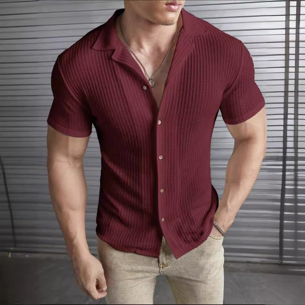 2025 Spring Summer New Men's Casual Slim Fit Top Fashion Short Sleeve Waffle T-Shirt