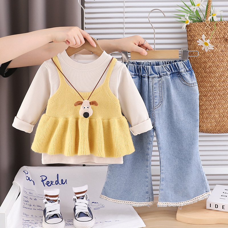 Baby Girls Suspenders Sweater Set 3-Piece, Korean Style Knit Outfit for 1-5 Year Olds, Spring Autumn Fashion