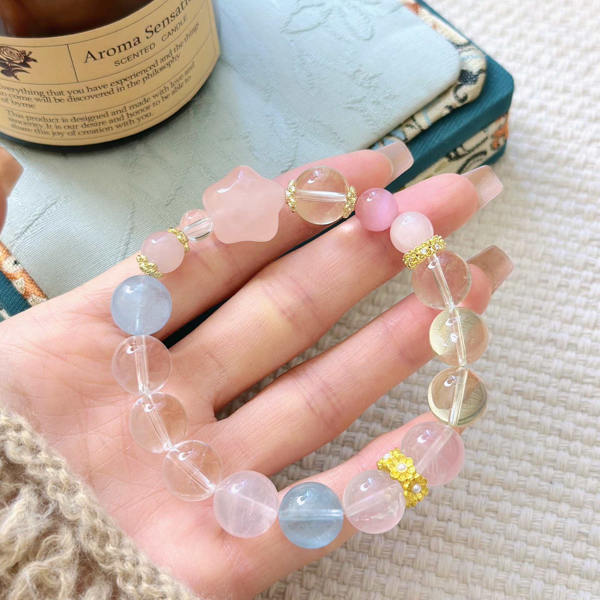 Charming Aquamarine Blue Crystal Stars Necklace with Handmade String Design