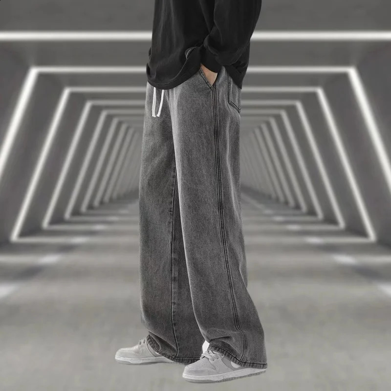 Fashion Mens Solid Color Drape Jeans Loose Straight Korean Vintage High Street Hiphop Casual Daily Dragging Wideleg Pants 251018