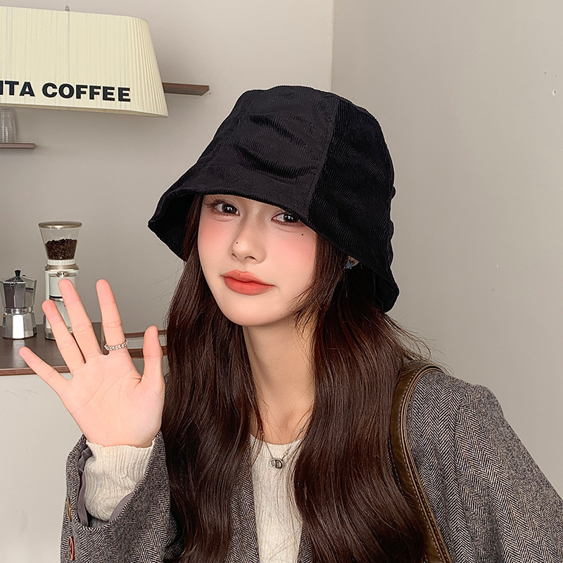 Brown Wrinkled Corduroy Fisherman for Women, Autumn and Winter Casual Versatile Face-Slimming Bare-Faced Bucket Hat