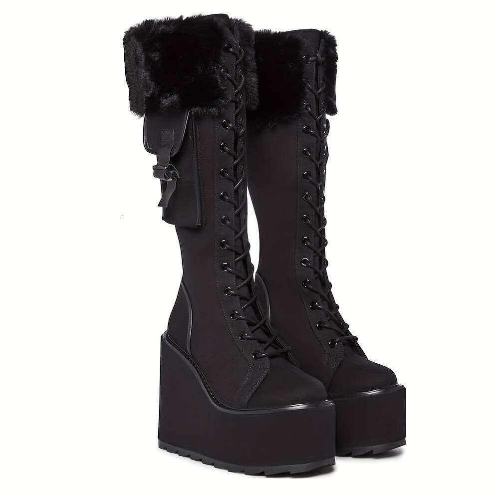 Goth Knee Fashion Wedges High Heels Lace-Up Boots, Women Round Toe Black Platform Combat Womens Lace Up Wedge Chunky Block Heel Punk Boots Gothic Moto