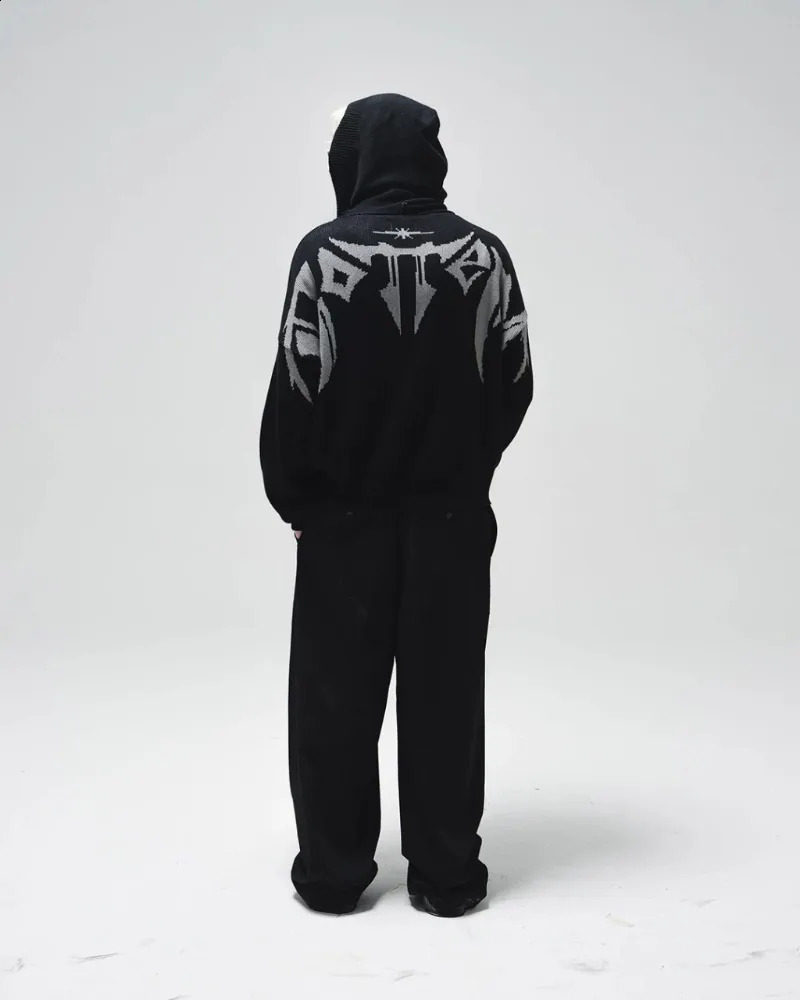 Slate Gray Knitted Zip Up Hoodie Men Y2K Retro Letter Embroider Hip Hop Baggy Casual Sweatshirt Gothic High Street Unisex 251018