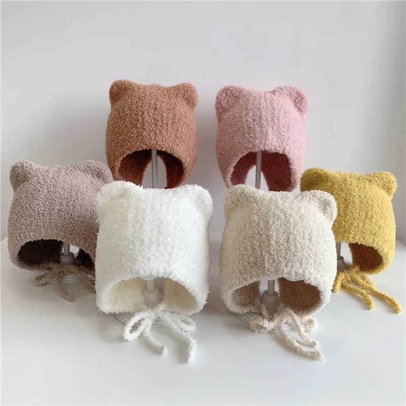 Lamb Fleece Baby Ear Protection Hat Winter Warm Infant Earmuffs Cap Solid Color Kids Plush Headgear 12year Toddler Tie BeaniesL251024