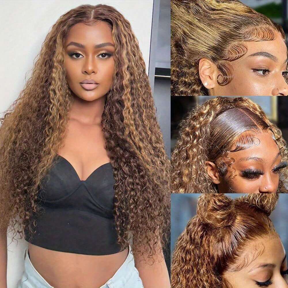 Honey Blonde Deep 100% 13x4 Frontal 4/27 Highlight Front Kinky Curly For Black Women Hd Transparent Lace Wig Human Pre Plucked With Baby Hair