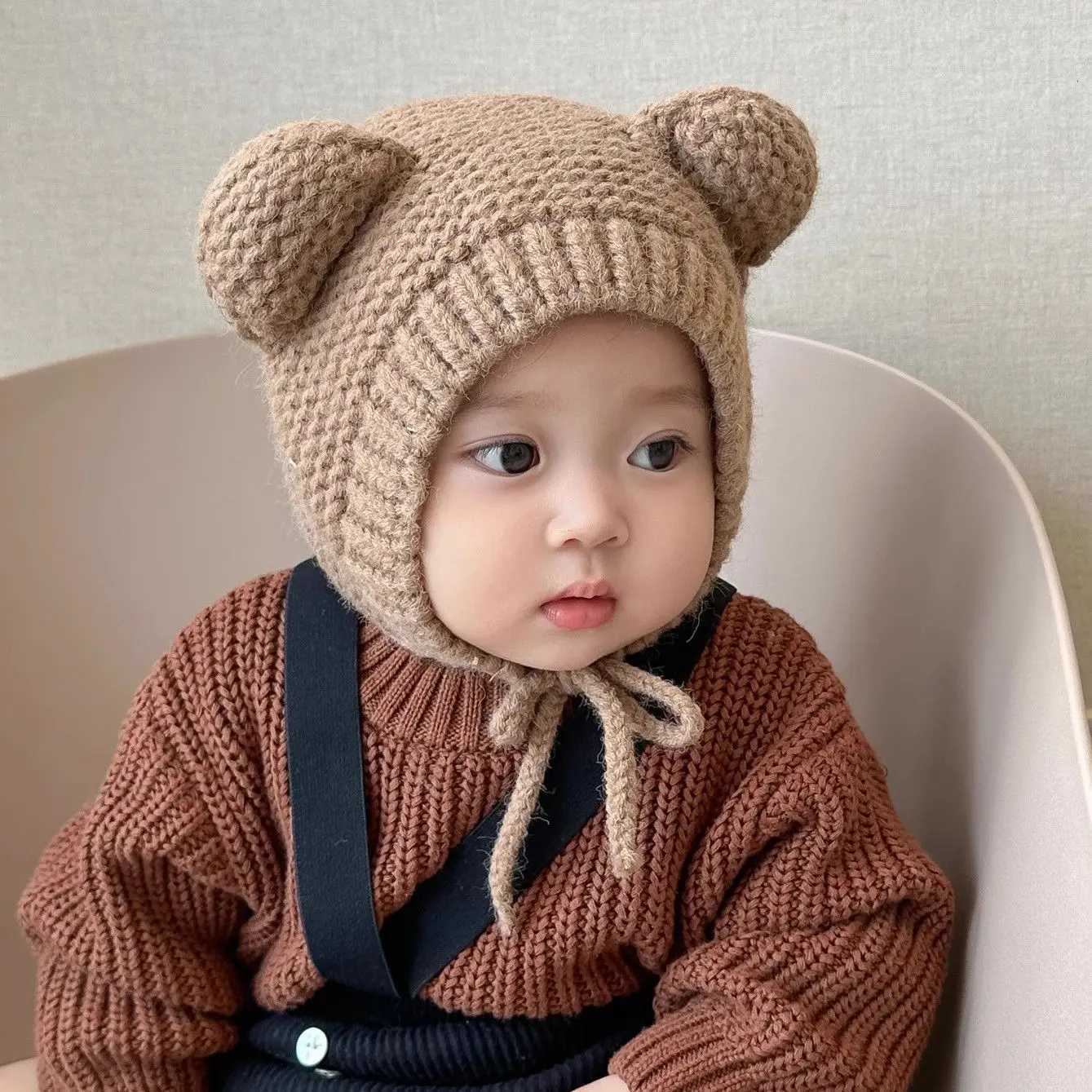 Cute Baby Ear Protection Kint Hat Winter Warm Kids Laceup Beanie Solid Color Wool Pullover Cap 624MonthInfant Headgear BonnetL251024