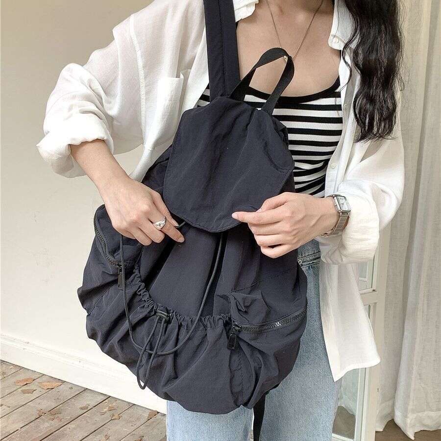 New Pleated Drawstring Nylon Women, Niche Trendy Large Capacity Flip Cover Student Backpack For Girls B5