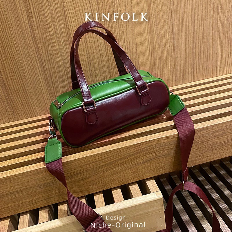 new Vintage Distressed Boston Saddle Bag with Contrast Color Blocking Wide Shoulder Strap Small Square Bag Single Shoulder Crossbody Bag for Women