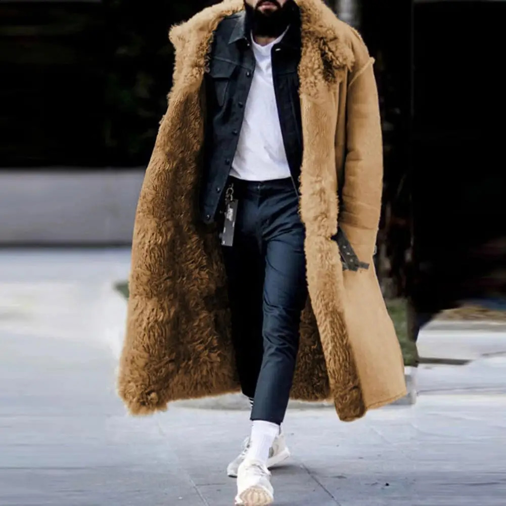 Winter Men Long Plush Lined Jacket Autumn Plush Thick Coats Trendy Winter Overcoat Faux Fur Faux Leather Men Woolen Jacket 251020