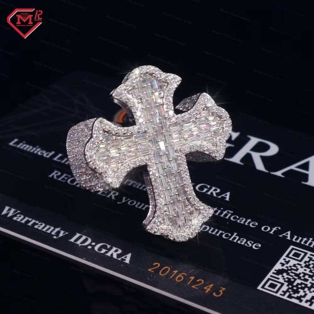 Gra Certificates Moissanite Cross Ring Men Hip Hop Baguette 925 Sliver Vvs Iced Out Moissanite Rings