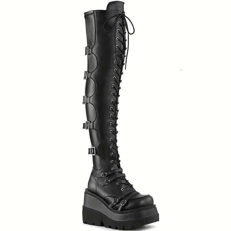Women's Goth Wedge High Heel Platform Long Thick Round Toe Lace Up Buckle Strap Pull On Over The Knee Fashionable Cosplay Halloween Party Coffee 