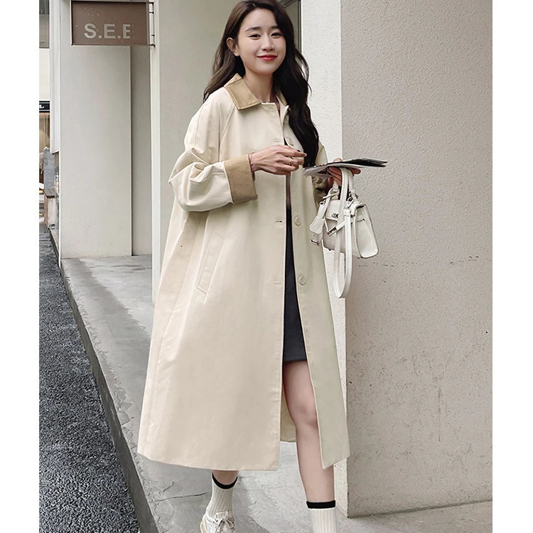 Women Spring Long Trench Coat Contrast Color Pink Single Button Fashion Casaco Feminino Femme 251021