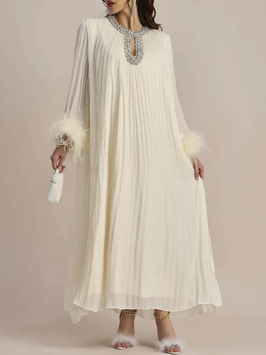 VGH Fashion Spliced Feathers Loose Chic Dress For Women O Neck Long Sleeve Hollow Out Patchwork Diamonds Pleated Dresses Female 251020