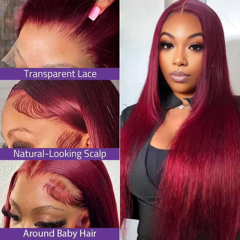 30Inch Burgundy Bone Straight 99J Colored 13x4 Lace Front Wig Human Hair 13x6 HD Transparent Lace Frontal Wigs For Women W251023