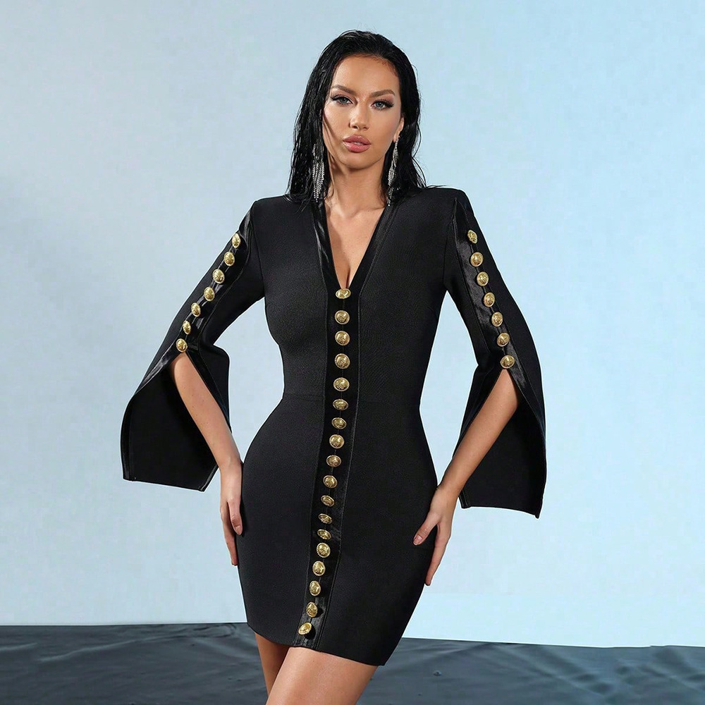 Autumn and winter new European and American designer women's solid color commuting button tight bandage short skirt