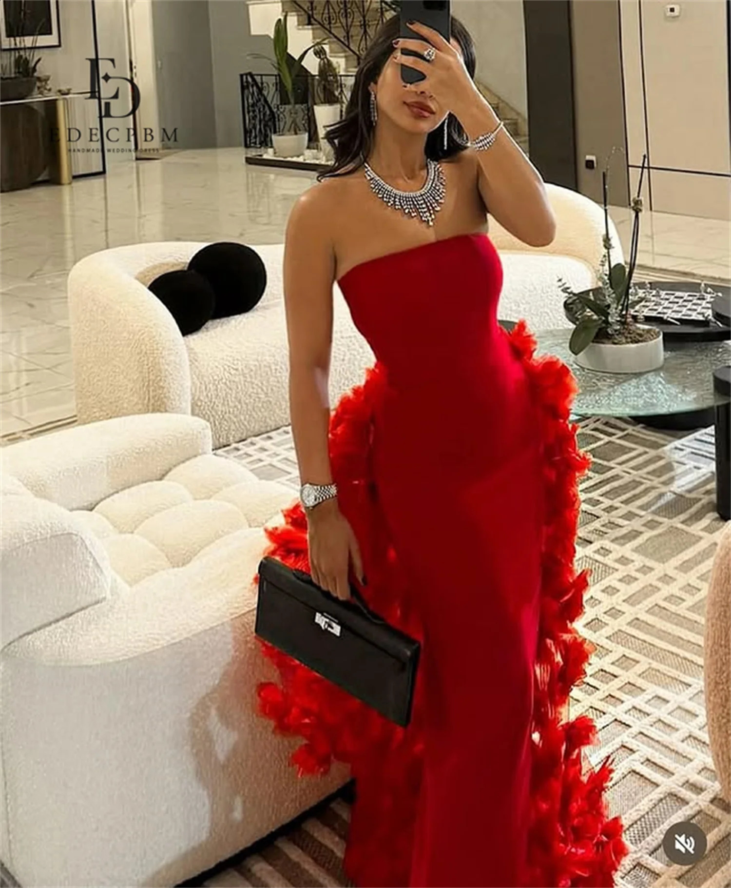 EDECPBM Saudi African Mermaid Dress Women Party Black 3D Flowers Tail Dress With Feathers Customized Evening Wedding Prom Events 251023