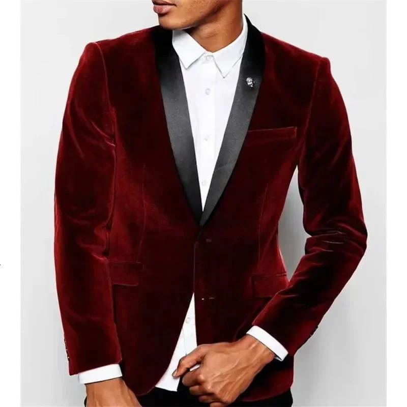 1 Piece Burgundy Velvet Mens Suits Single Breasted Black Shawl Lapel Slim Fit Blazer Formal Wedding Groom Jacket Outfit 251023