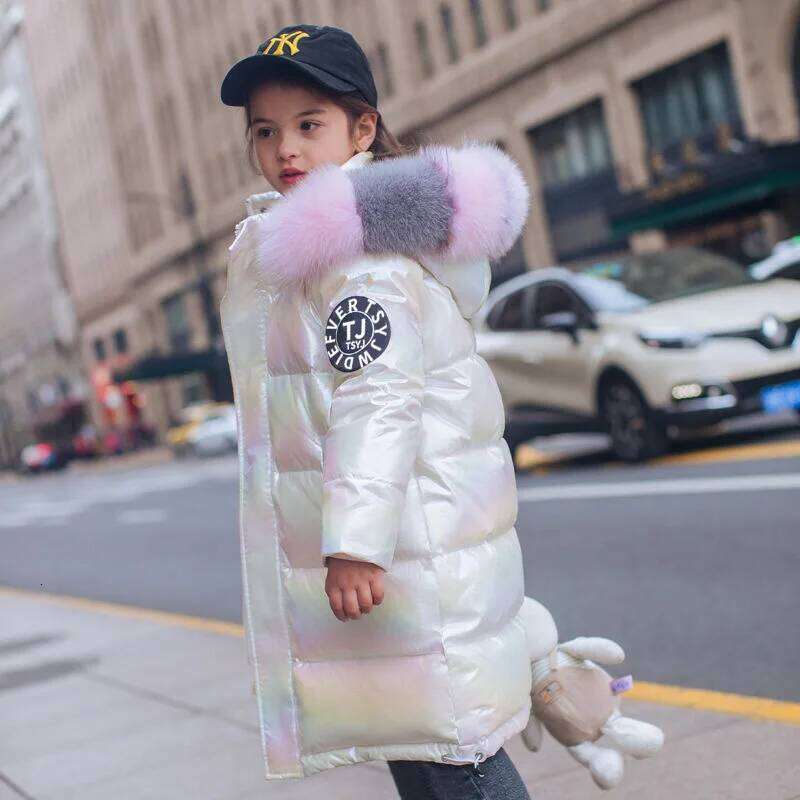 Children Down Jacket Girls Fur Collar Hooded Thick Keep Warm Long Outerwear Teen Waterproof Coat Kids Clothes Parka 5-14Y
