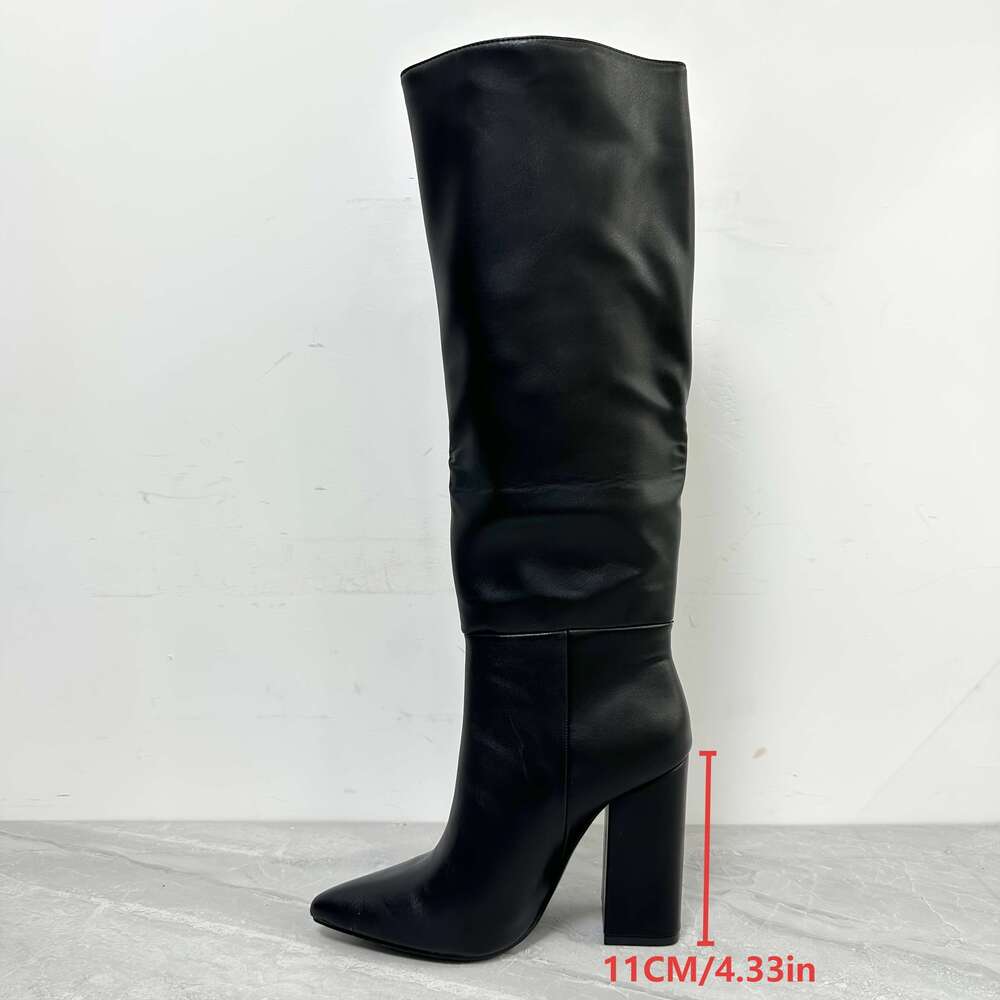 Women's Black Pointed Toe Chunky Knee-High Boots - Slip-On Faux Cover Party & Evening Gown With Ankle Strap, Ultra-High Heel For Winter Events, F