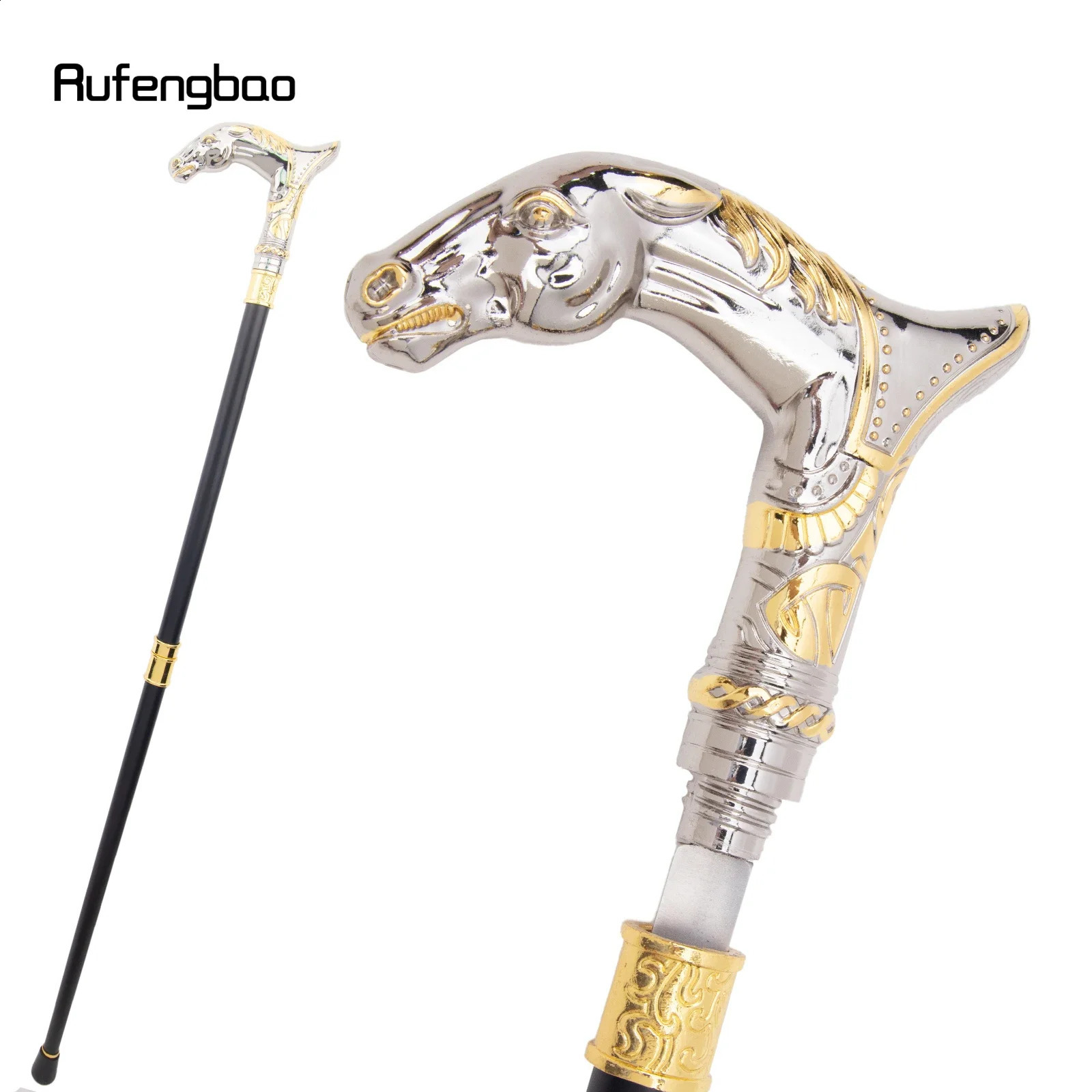 Golden White Horse Head Animal Walking Stick with Hidden Plate Self Defense Fashion Cane Plate Cosplay Crosier Stick 92cm 251022