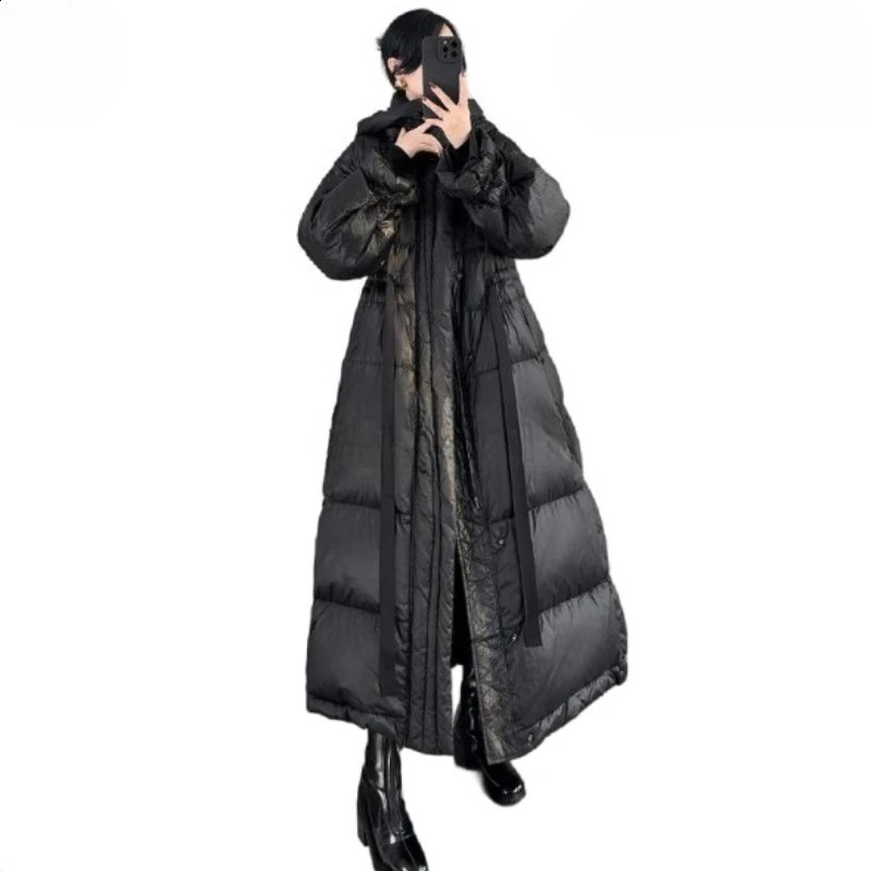 Super Long Warm Thickened Down Jacket Temperament Womens Clothing Hooded Foreign Style White Duck Coat 251018