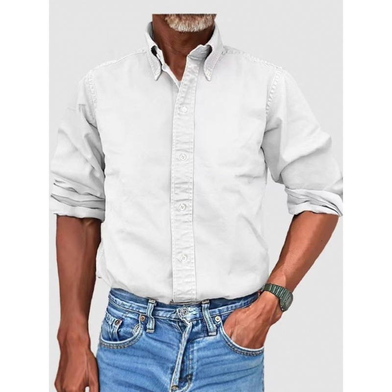 American Retro Anti-Wrinkle, Durable Autumn Winter New Men's Business Casual Urban Versatile Shirt Turn-Down Collar Button Solid Color Shirt for 