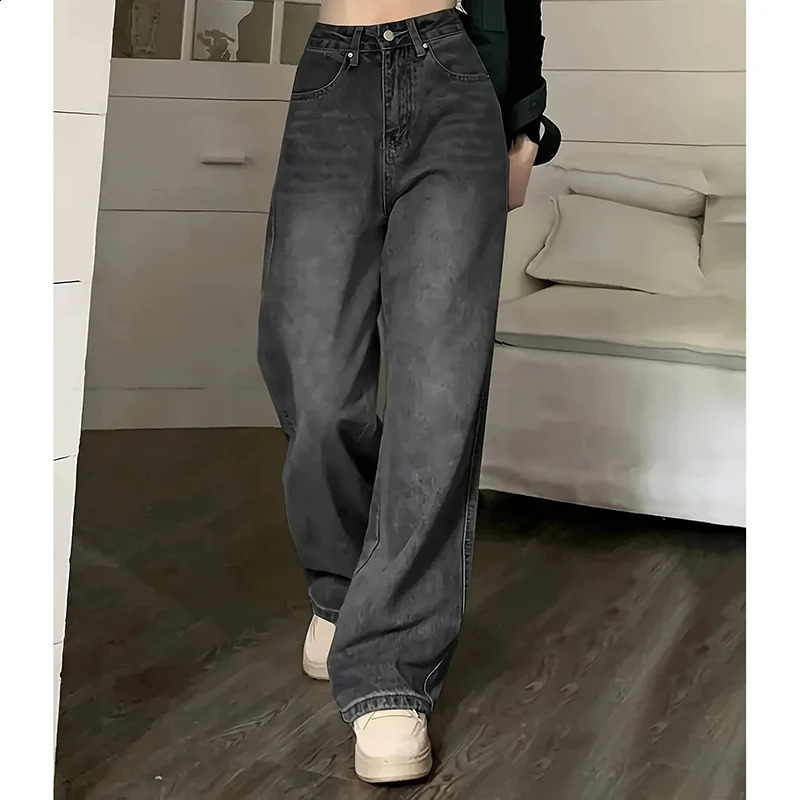 Women Fashion Loose Jeans Female High Waist Streetwear Wide Leg Trousers Female Classic Gray Goth Straight Leg Pants 251023