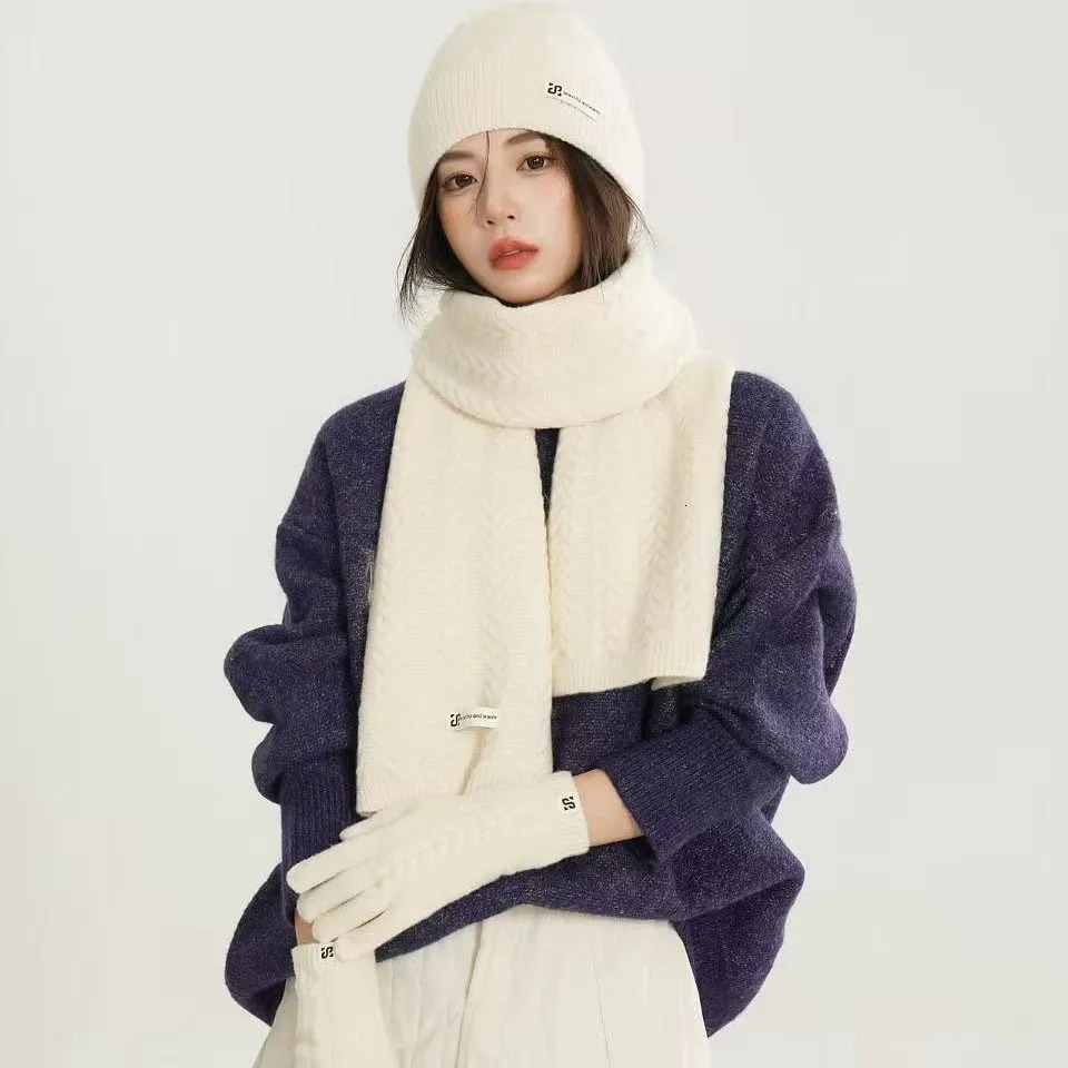 Winter Warm Knitted Hat Scarf Gloves Womens Windproof Adult Threepiece Set Scarves Solid Color Fashion Korean Hats for Women 251023