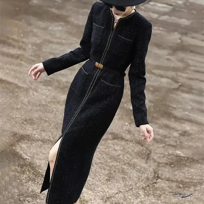 Tweed Dresses Women, Elegant Midi With Bright Silk Accents, Long Sleeves, Slim Fit Party Dress For Celebrations Ddmylovely