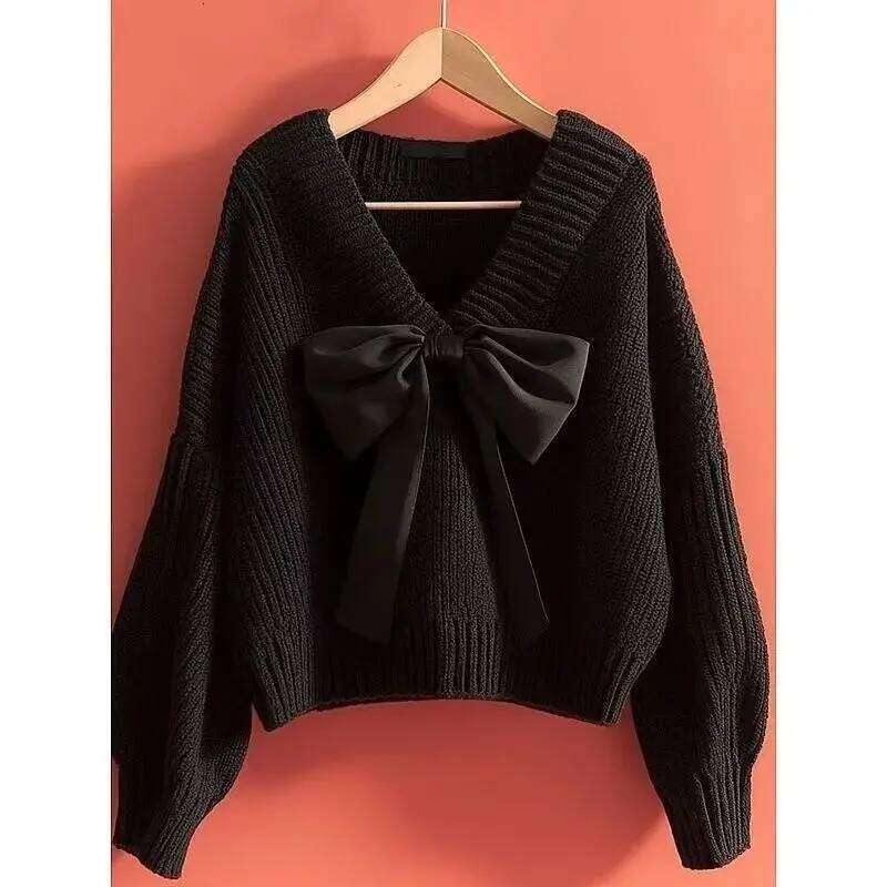 Big Bow Knitwear Sweater For Women Patchwork Red Christmas V-Neck Batwing Sleeve Pullover Female Knit Elegant Pullove