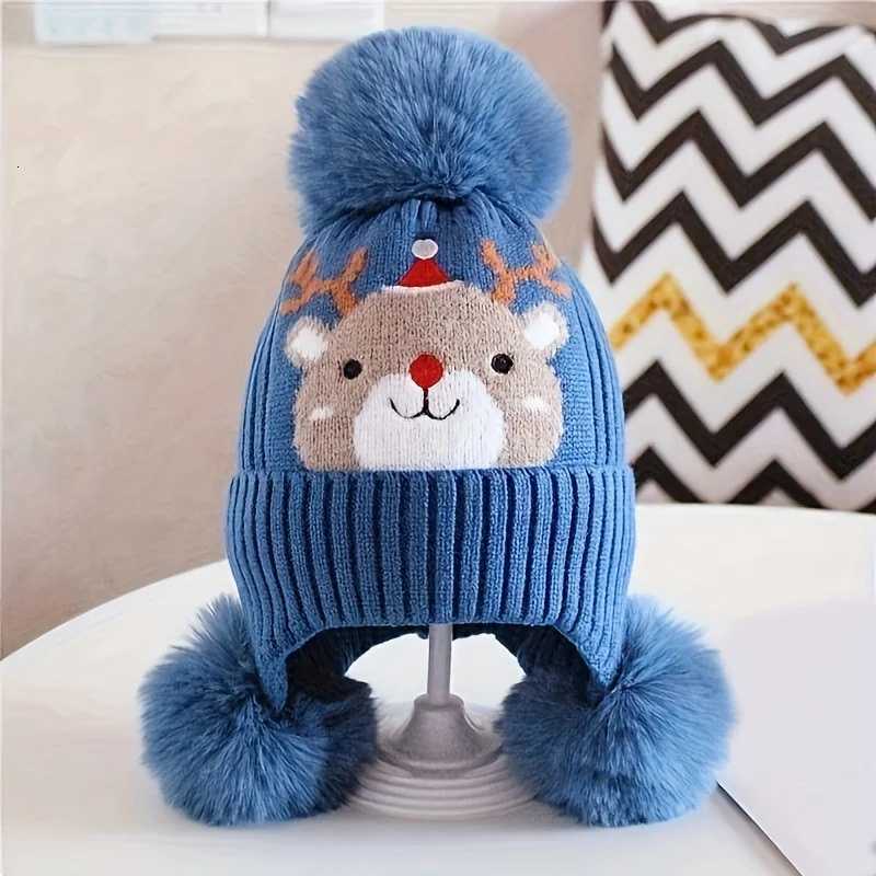 Youngsters Christmas Elk Beanie Hat with Detachable Ear Flaps PomPom Soft Stretchy Warm Winter Hat for Boys GirlsL251024