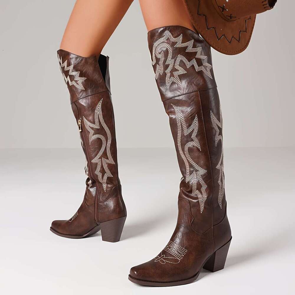 Cowgirl Western Knee High With Embroidery, Pointed Toe And Chunky Heel, Zipper Boots, Retro Outdoor Cowboy Boots For Women