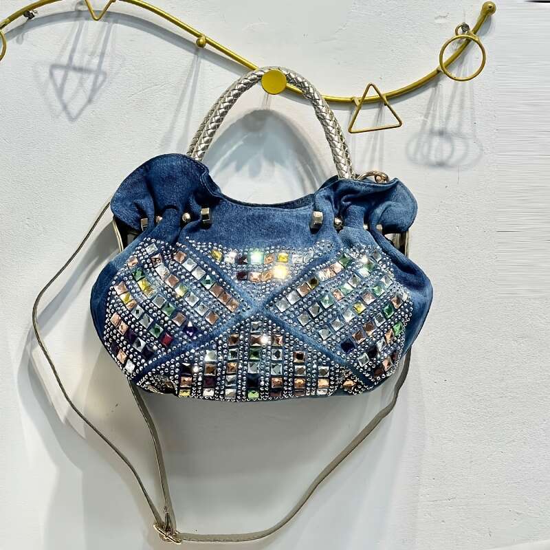 1 Women's Mini - Retro Inlaid Pleated Design, Adjustable Crossbody Shoulder Strap, Polyester, Light Blue/Blue Zipper Closure Handbag, Suitable Fo