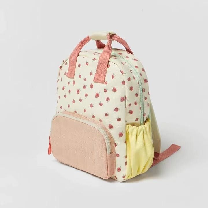 New best-selling pure cotton canvas dopamine strawberry printed color block designer children's backpack